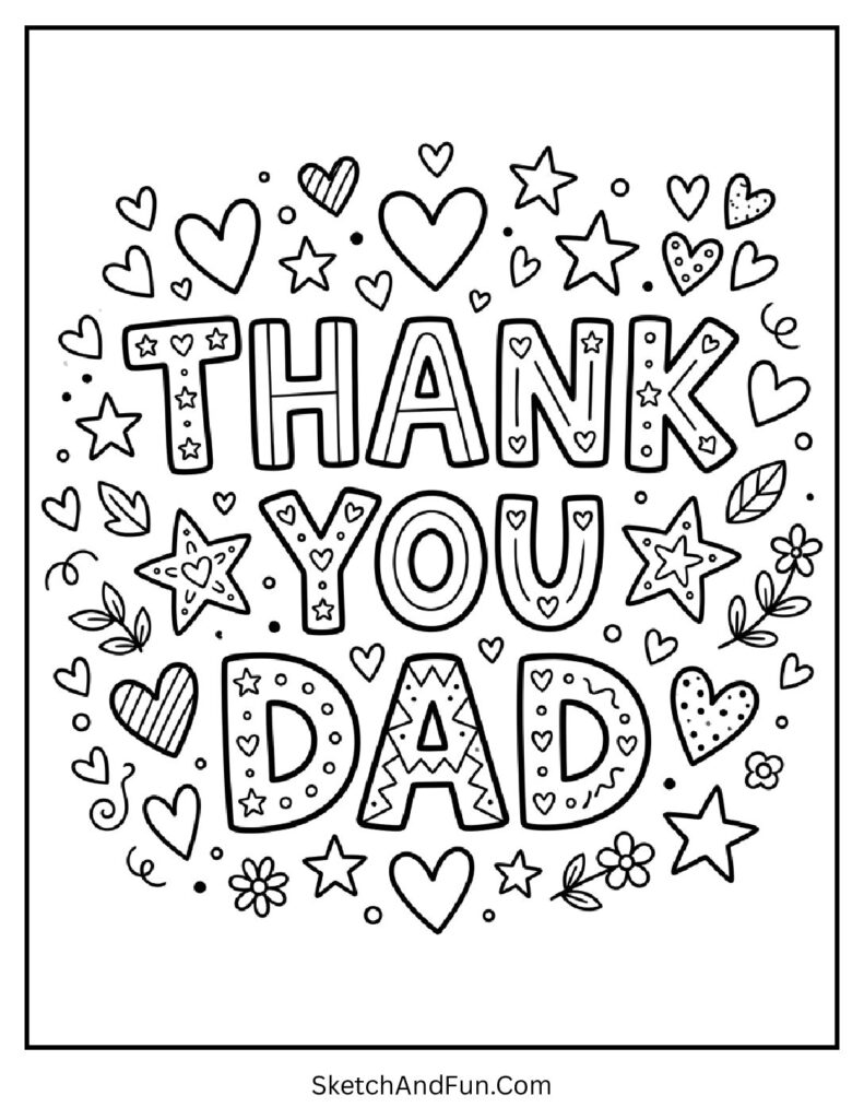 A coloring page of thank you dad text with hearts, fathers day card coloring page