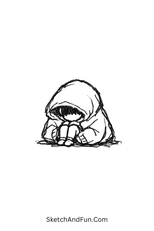 A doodle of a tiny figure in an oversized hoodie, emo doodles cute