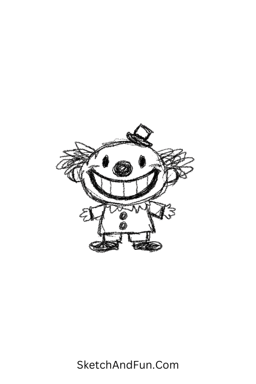 A doodle of a small clown with tiny hat and big smile, happy clown doodle activity
