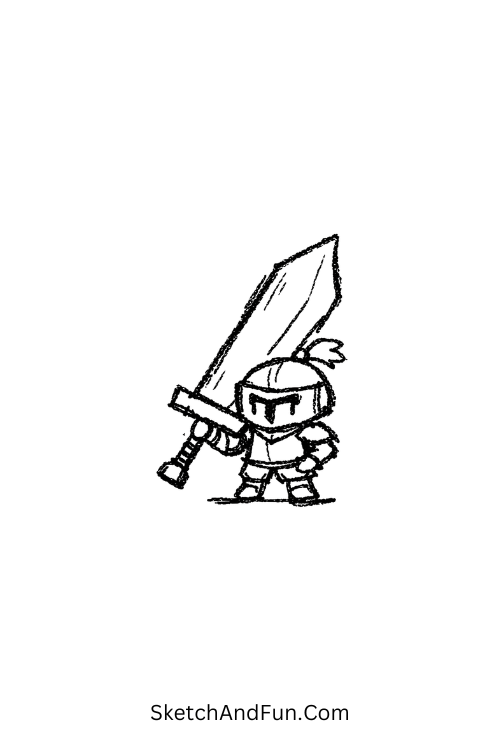 A doodle of a tiny knight holding a huge sword, medieval knight doodle sketches