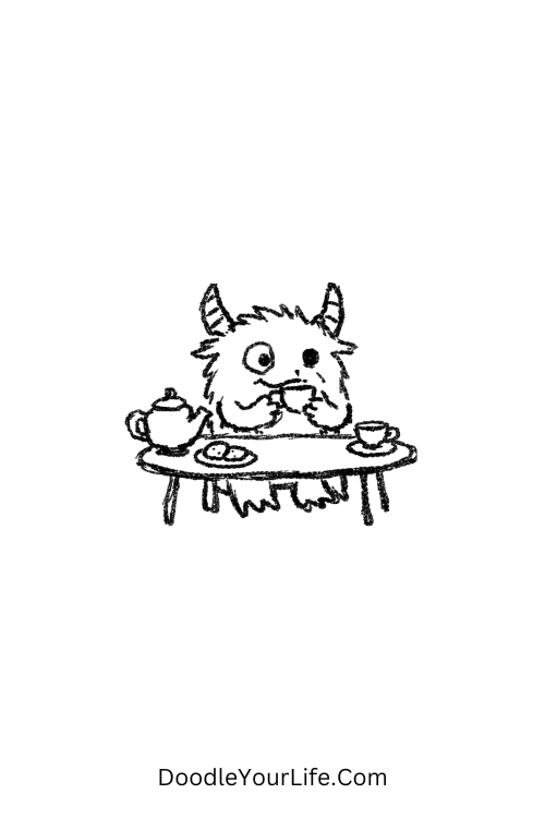 A doodle of a tiny monster sipping tea politely, silly doodles Pinterest