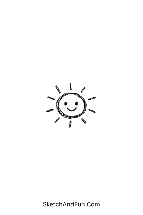 A doodle of a tiny smiling sun with rays and face, hand doodles easy