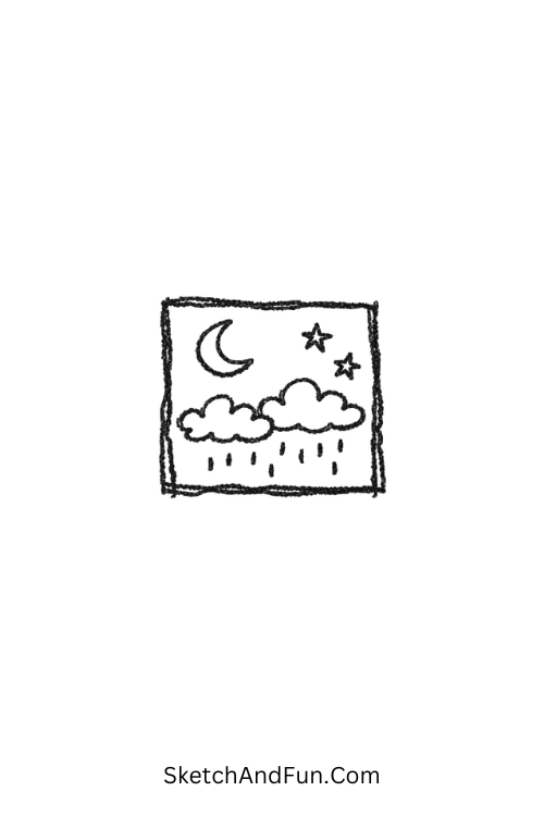 A doodle of a small square window with clouds and stars, bullet journal doodle aesthetic