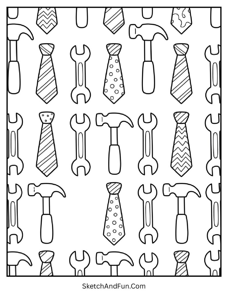A coloring page of tie and tools pattern, fathers day coloring pages black and white