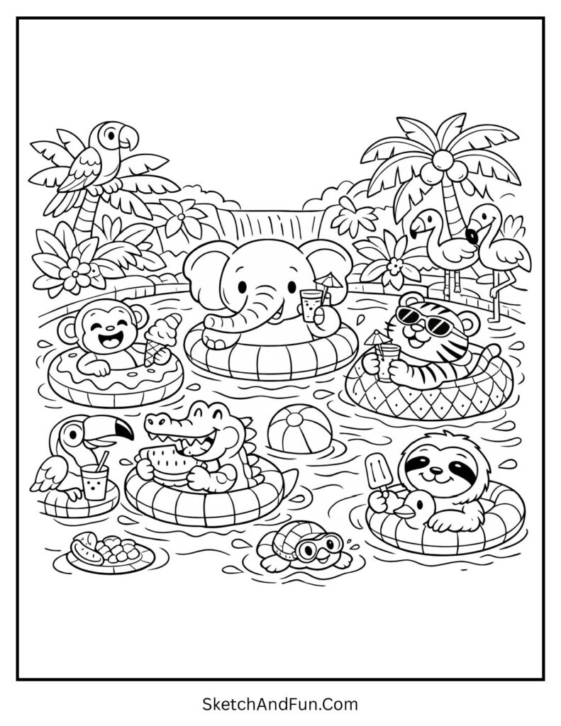 A coloring page of animals swimming in a jungle pool with snacks, tropical summer coloring pages