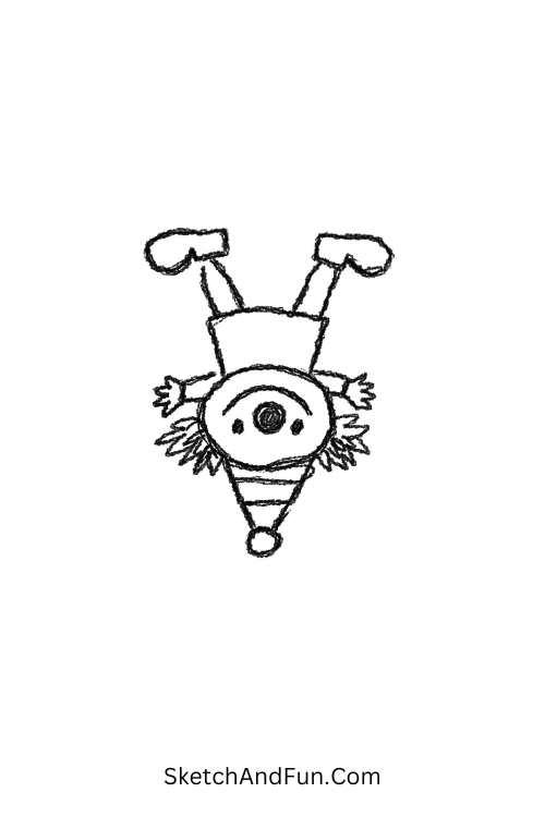 A doodle of an upside-down clown with smiling face, clown doodle step by step guide