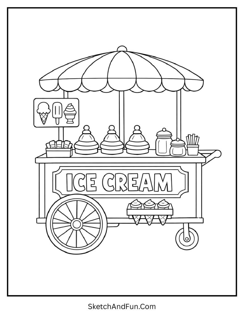 A coloring page of a vintage ice cream cart with umbrella and wheels, free printable ice cream coloring pages