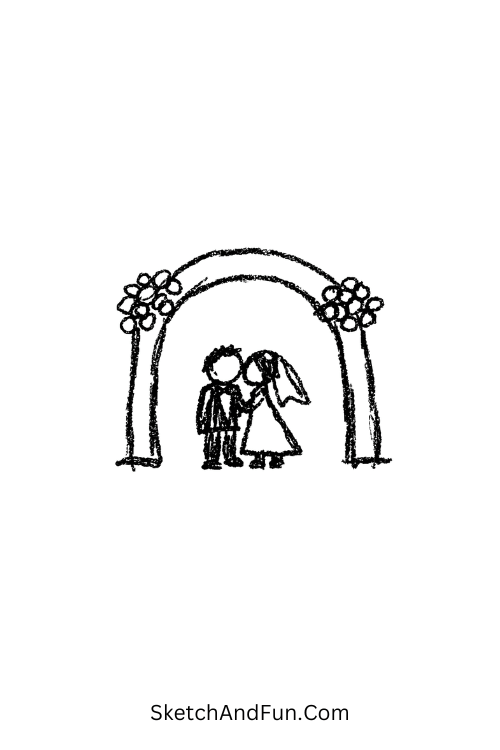 A doodle of a wedding arch with tiny flowers and couple, wedding doodle set vector