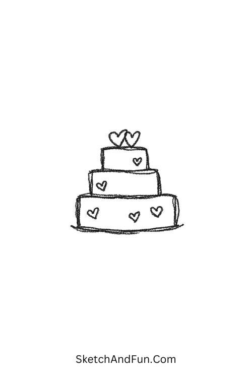 A doodle of a three-layer cake with hearts, cute wedding doodle drawings