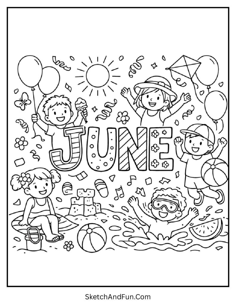 A coloring page of celebration balloons confetti and kids cheering June, welcome June coloring pages