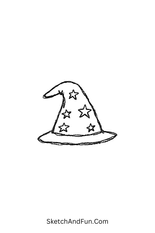 A doodle of a floppy wizard hat with stars, fantasy medieval doodle tutorial