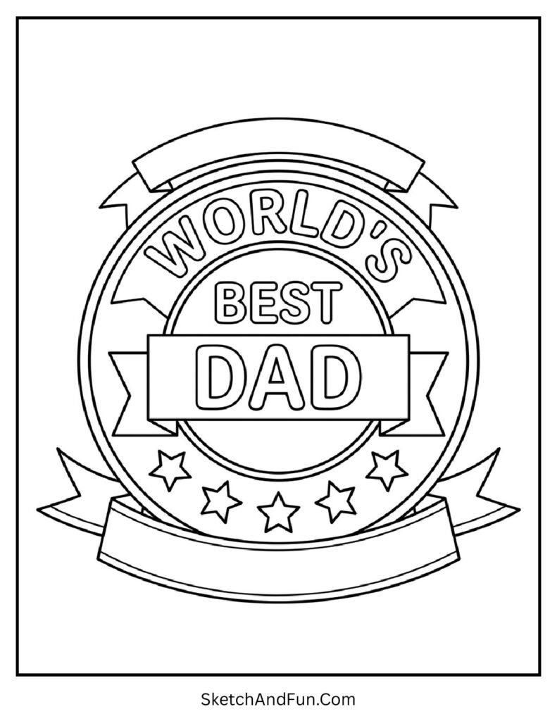 A coloring page of a badge with stars and text, fathers day coloring pages with quotes