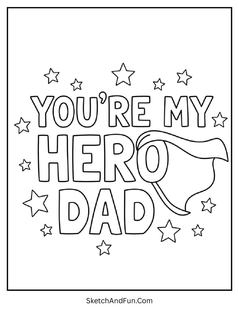 A coloring page of hero dad text with stars, fathers day coloring page pdf