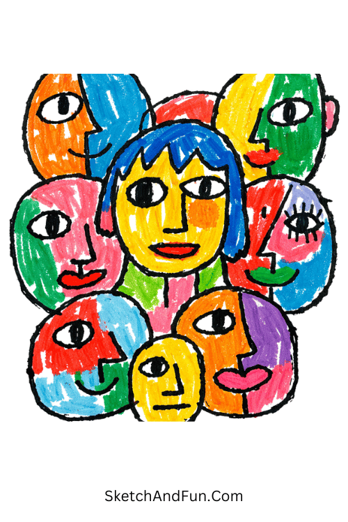 Abstract faces composition with Posca pen art drawing techniques for beginners layered portraits
