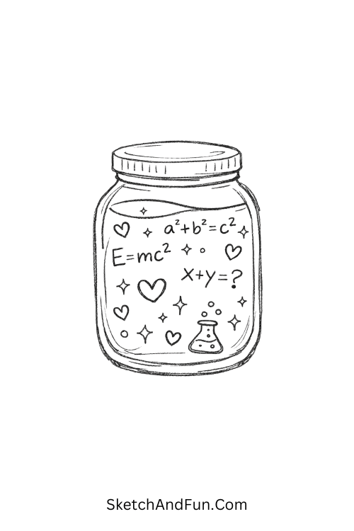 Glass jar filled with floating equations, hearts, and sparkles in aesthetic style, Math doodle ideas