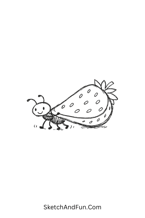 Small ant dragging a giant strawberry slice with tiny sweat drops, Bug sketch ideas