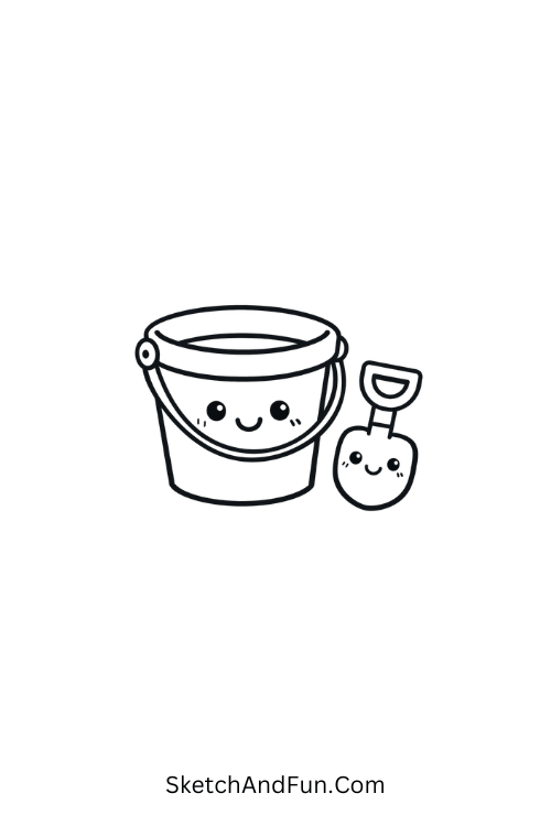 A drawing of a bucket and shovel with faces, june drawing for kids