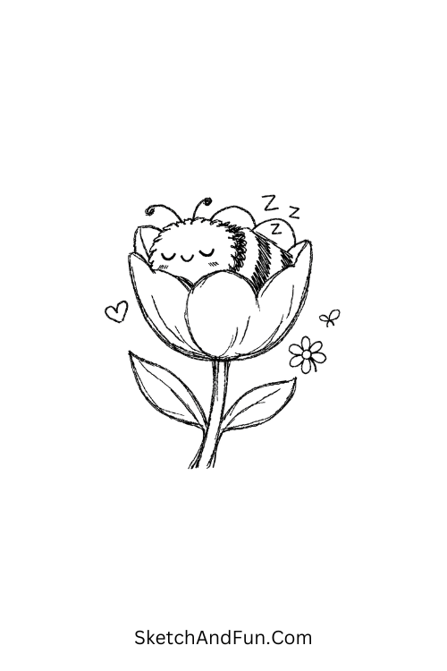 Sleepy fluffy bee resting inside a tulip flower with tiny hearts, Bee doodle drawing