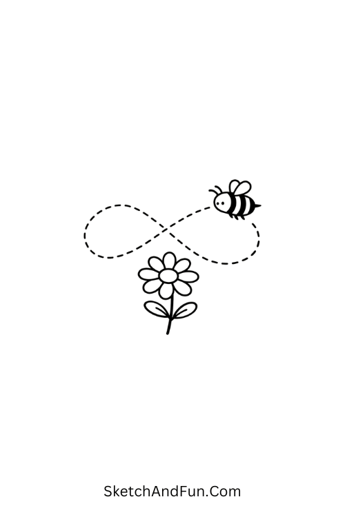 Bee flying around daisy flower, flower doodles