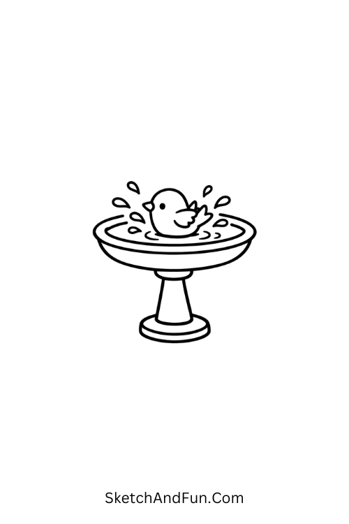 Bird splashing inside round bird bath, flower garden drawing
