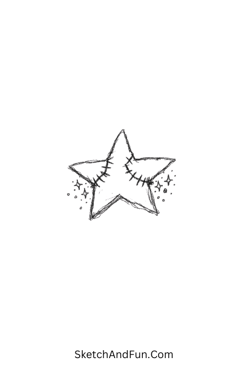 Stitched broken star leaking sparkles, simple doodles aesthetic