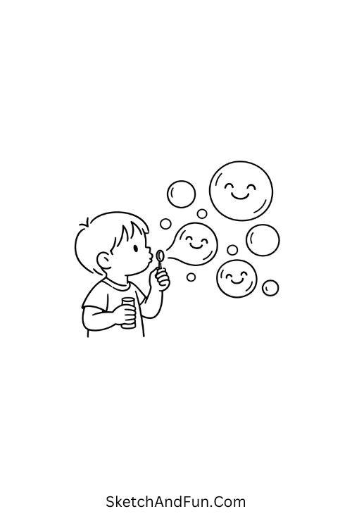 A drawing of a kid blowing smiling bubbles, june bullet journal doodles