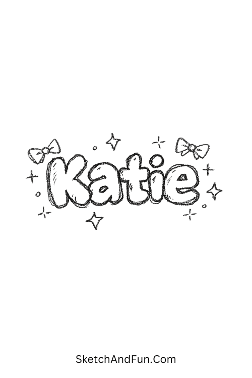 A doodle of bubble letter name with stars and bows, scrapbook journal doodles
