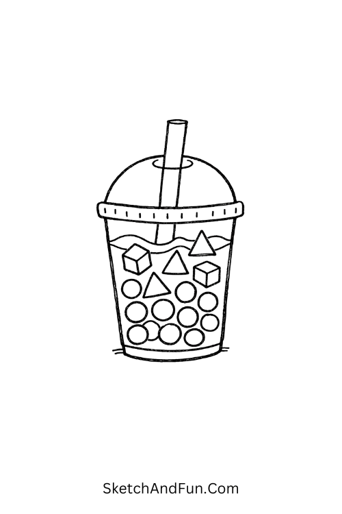 Bubble tea cup filled with circles, cubes, and triangle toppings in cute style, Cute math doodles