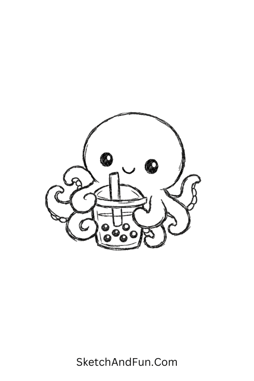 Baby octopus holding bubble tea with curled tentacles, Easy ocean doodles step by step