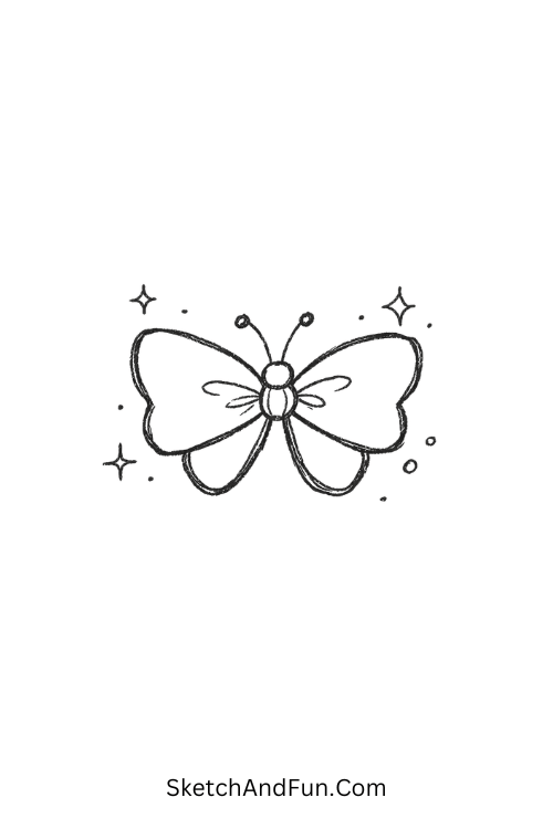 Cute butterfly with bow-shaped wings and sparkles around it, Butterfly doodle ideas