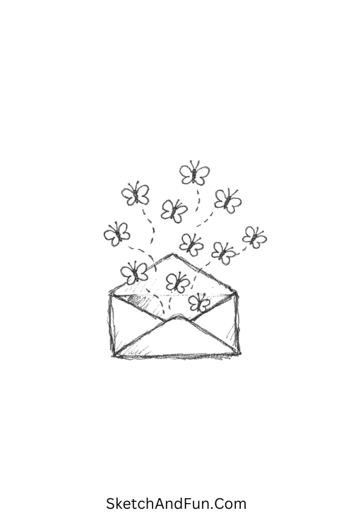 Envelope opening with butterflies flying out, simple doodles bullet journal aesthetic
