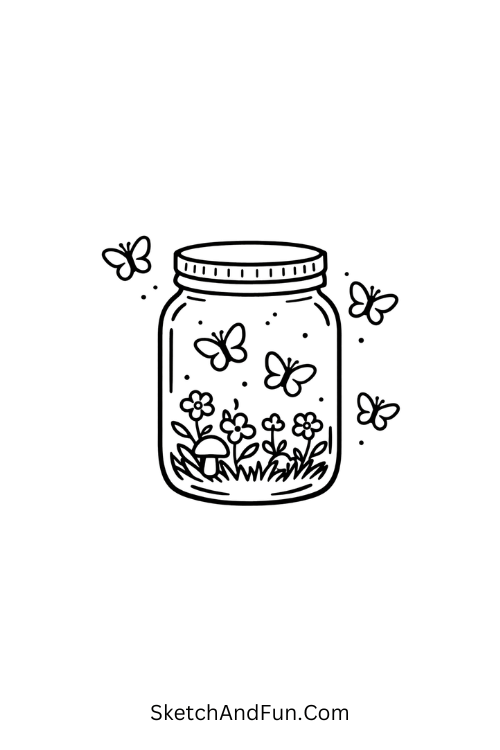 Mason jar with flying butterflies, floral doodle art