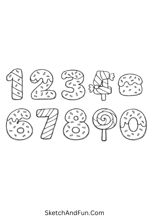Candy-style numbers with sprinkles and soft shapes in playful design, Number doodles