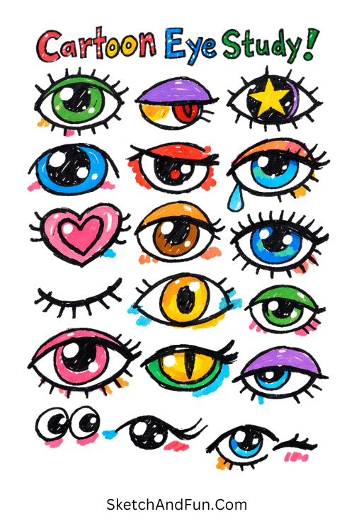 Cartoon eye study using Posca marker art ideas easy expressive eye variations page