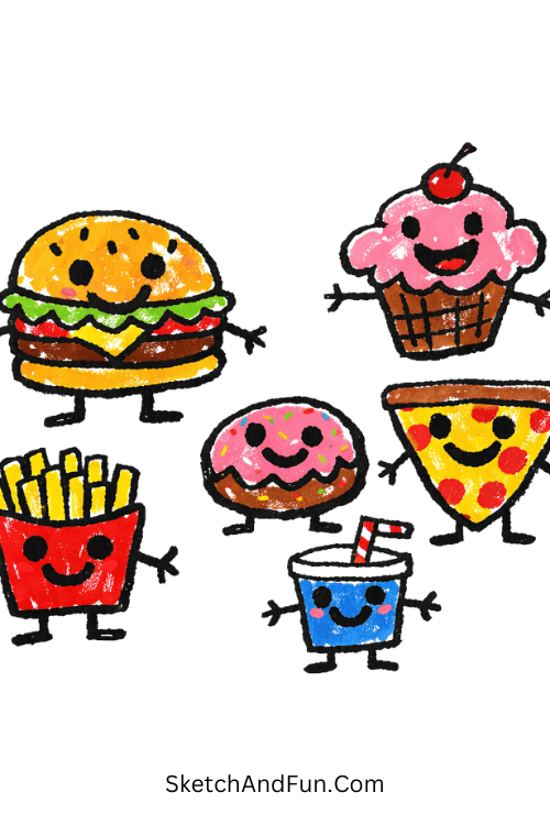 Cartoon food characters using Posca pen cute drawing ideas turning snacks into fun faces