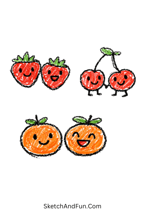 A doodle of cute smiling fruit characters, scrapbook doodles for kids
