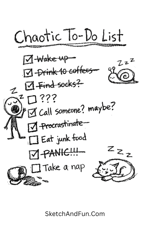 A doodle of messy checklist with crossed tasks, scrapbook doodles step by step