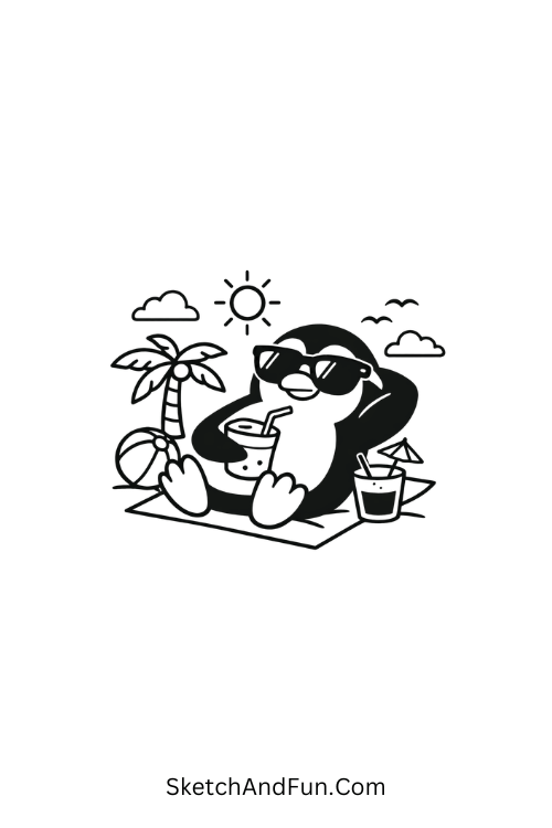 A drawing of a penguin wearing sunglasses, june drawing step by step
