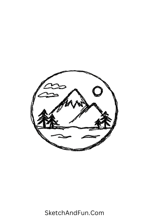 A doodle of a mountain scene inside a clean circle frame, simple mountain sketch