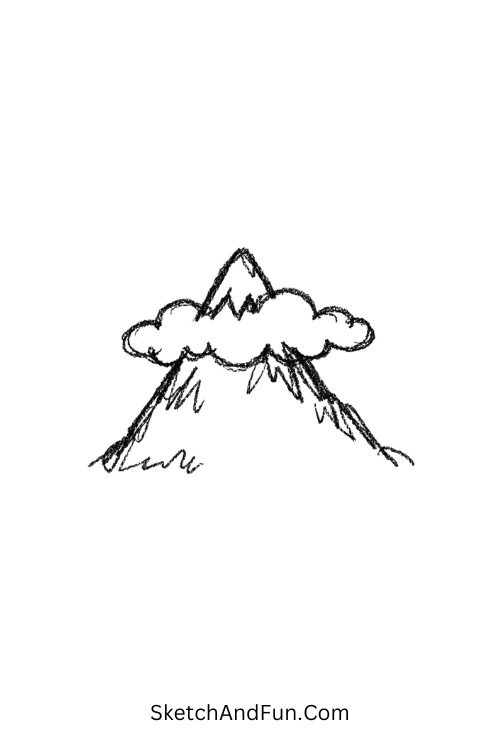 A doodle of a cute mountain touched by a fluffy cloud, cute mountain doodles