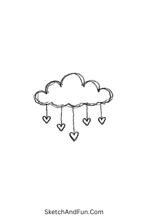 A doodle of a soft cloud with hanging heart raindrops, aesthetic scrapbook doodles
