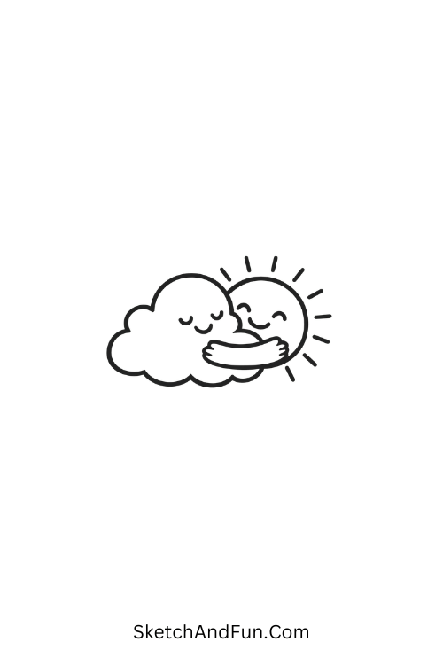 A drawing of a cloud hugging a smiling sun, june doodle for kids
