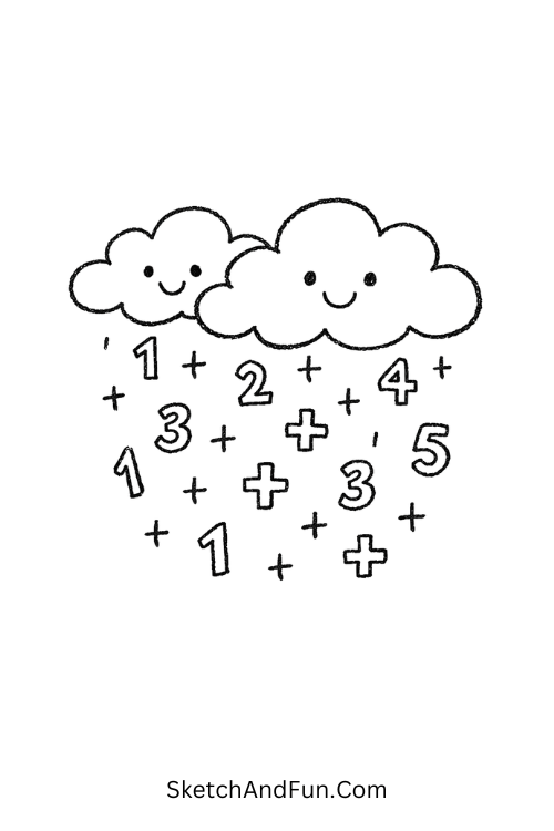 Soft clouds raining numbers, plus signs, and simple equations in the sky, Algebra doodles