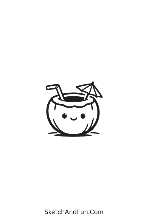 A drawing of a coconut drink with umbrella and straw, june nature drawing ideas