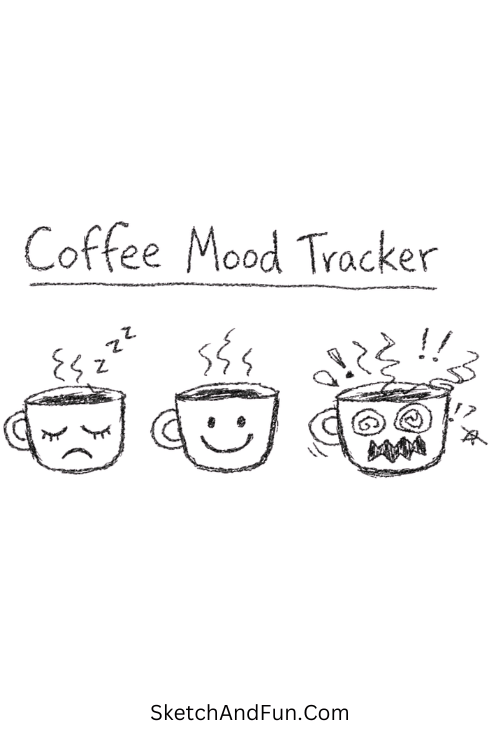 A doodle of coffee cups showing mood expressions, bullet journal scrapbook doodles