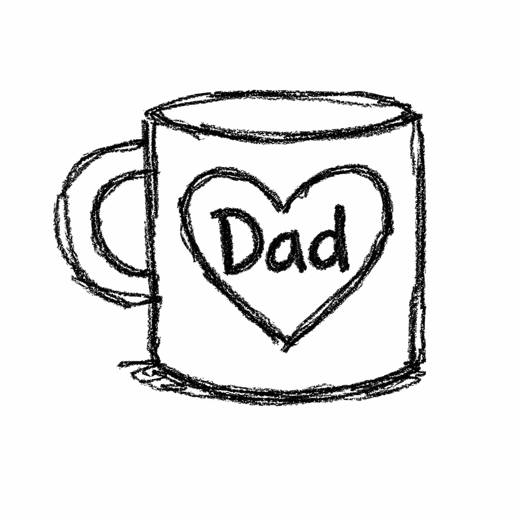 A doodle of a cozy coffee mug with heart and “Dad” text, simple dad doodle drawing ideas