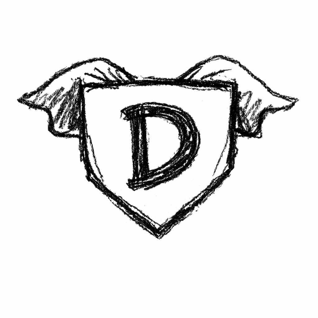 A doodle of a shield badge with bold D and cape style, creative dad doodle art ideas for beginners