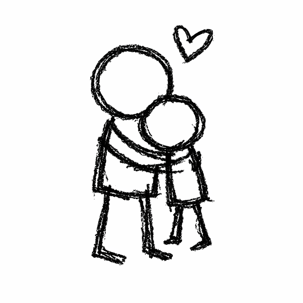 A doodle of two stick figures hugging with heart above, father’s day doodle art for kids