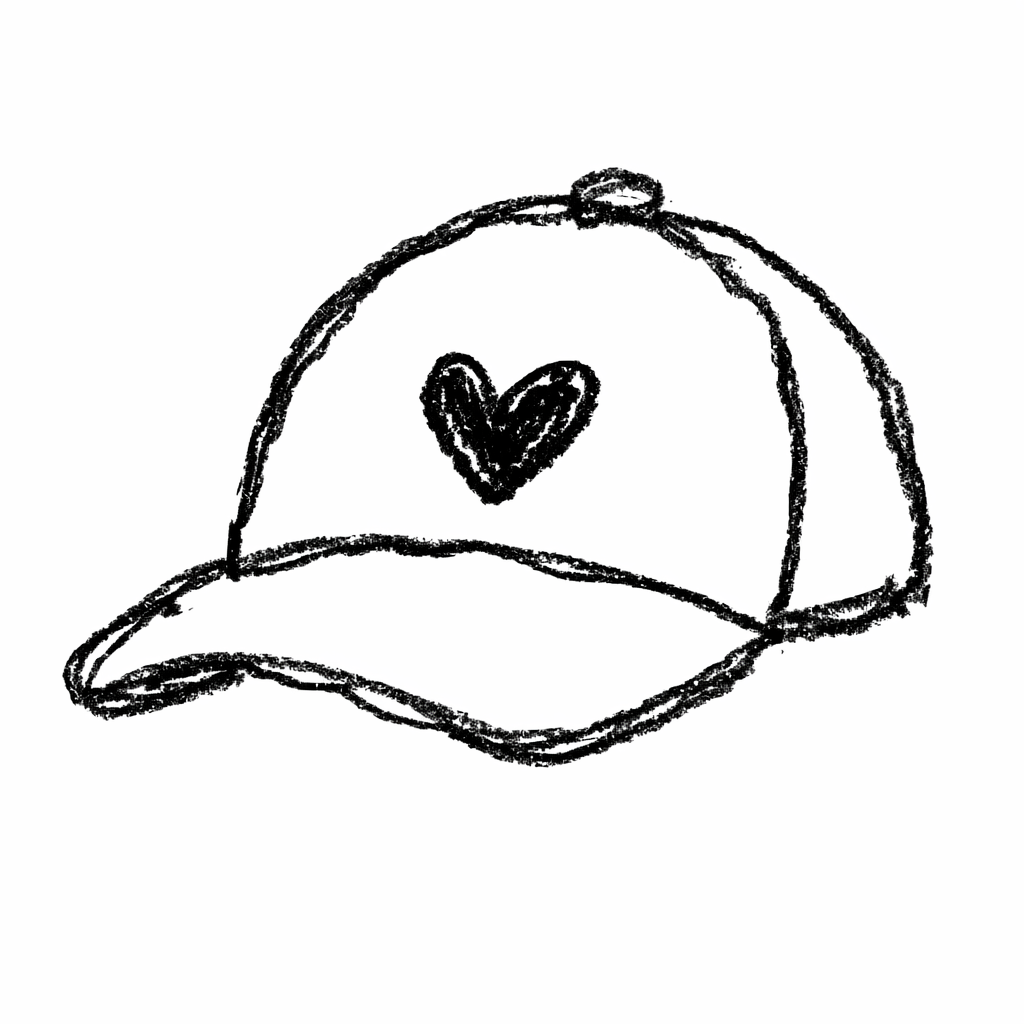 A doodle of a baseball cap with small heart on front, father’s day doodle art black and white outline