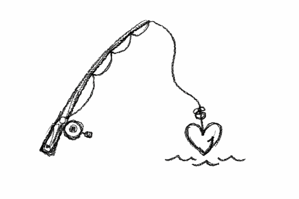 A doodle of a fishing rod with heart-shaped hook, father’s day doodle drawing ideas